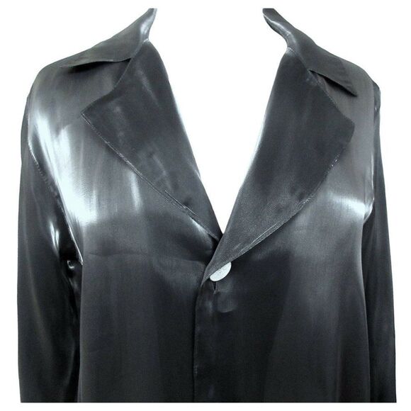 Chico's Private Edition Silver Grqy Semi Sheer Top Blouse Sz M Covered Buttons - Picture 2 of 5